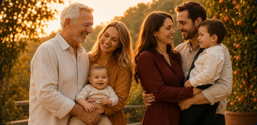 A multi-generational family together at sunset